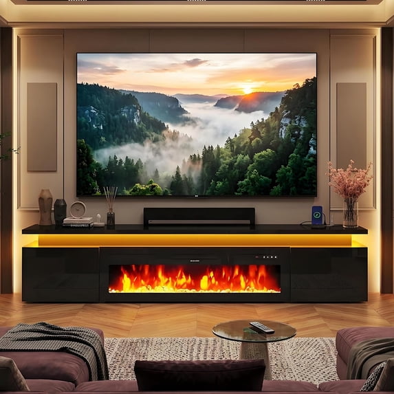 Chvans 90" Large Fireplace TV Stand for 85" 98" 100" TVs, LED Entertainment Center with 50" Electric Fireplace, Power Outlet & USB Ports, Gloss