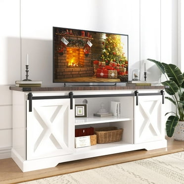Chvans Farmhouse Barn Door TV Stand for up to 65" TVs /23" Electric Fireplace, Entertainment Center Console Table with Adjustable Shevles(58")