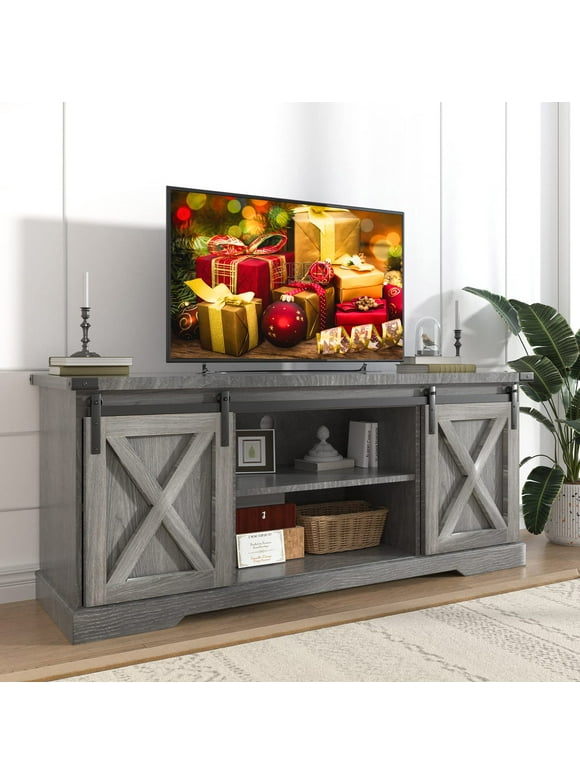Chvans Farmhouse Barn Door TV Stand for up to 65" TVs & 23" Electric Fireplace, Entertainment Center Console Table with Adjustable Shevles(58")