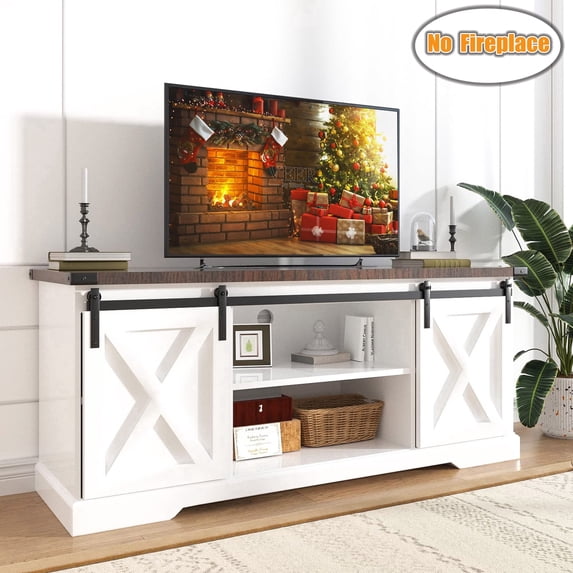 Chvans Farmhouse Barn Door TV Stand for up to 65" TVs & 23" Electric Fireplace, Entertainment Center Console Table with Adjustable Shevles