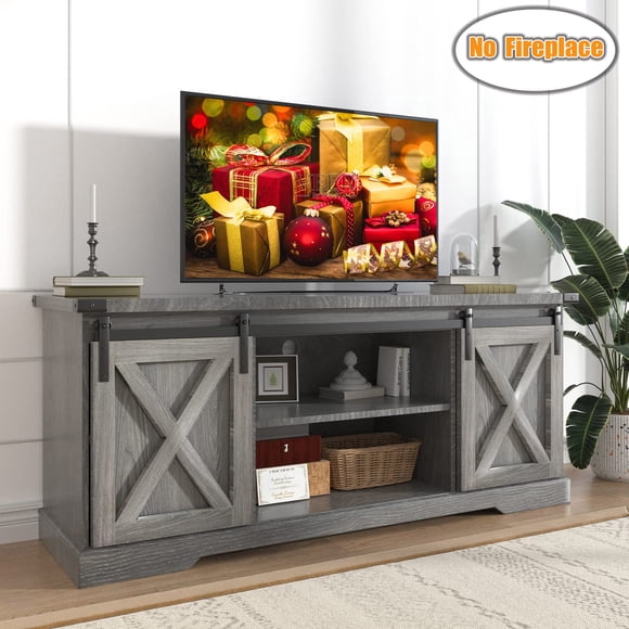 Chvans Farmhouse Barn Door TV Stand for up to 65" TVs & 23" Electric Fireplace, Entertainment Center Console Table with Adjustable Shevles