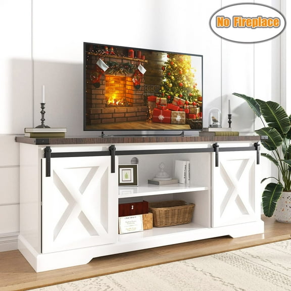 Chvans Farmhouse Barn Door TV Stand for up to 65" TVs & 23" Electric Fireplace, Entertainment Center Console Table with Adjustable Shevles