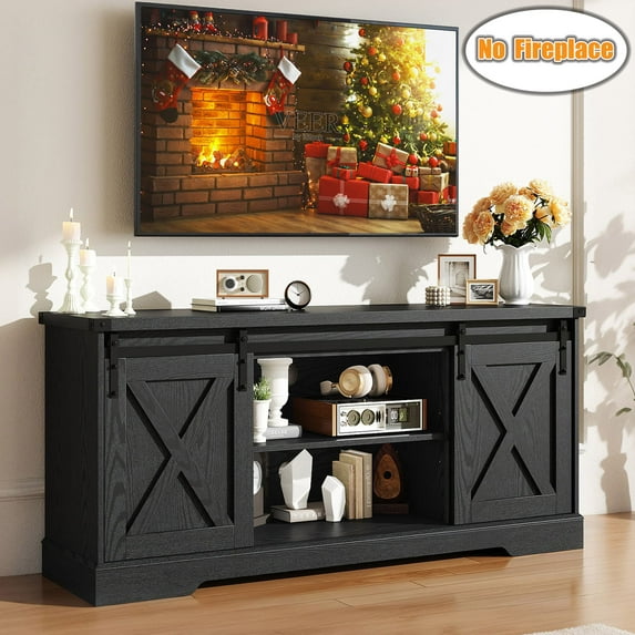 Chvans Farmhouse Barn Door TV Stand for up to 65" TVs & 23" Electric Fireplace, Entertainment Center Console Table with Adjustable Shevles
