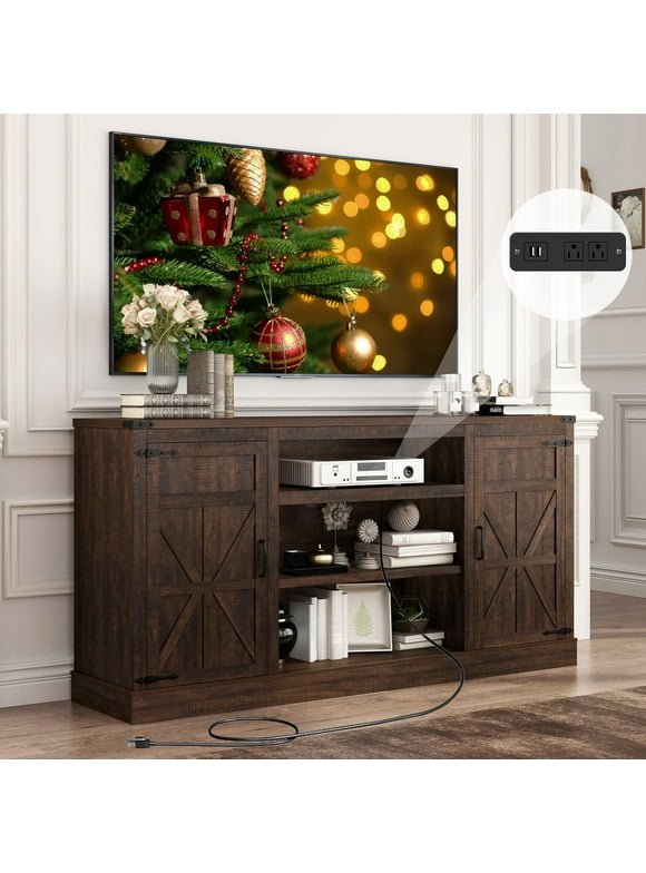 Chvans Farmhouse TV Stand for up 75" TVs with Power Outlet /USB Charging Port, 33"H Entertainment Center TV Console (66")