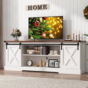 Chvans Farmhouse TV Stand for up 80" TVs/36" Fireplace, 70" Large Entertainment Center Console Table with Barn Door/Adjustable Shevles