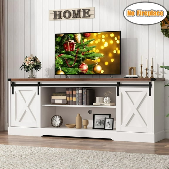 Chvans Farmhouse TV Stand for up 80" TVs/36" Fireplace, 70" Large Entertainment Center Console Table with Barn Door/Adjustable Shevles