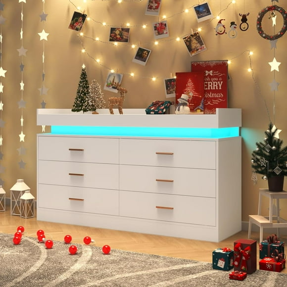 ChVans White Dresser with LED Light and Charging Station, Modern Wood Dresser with Wide Drawers and Metal Handles, 6 drawer dresser for Bedroom, Living Room, Entryway, Hallway