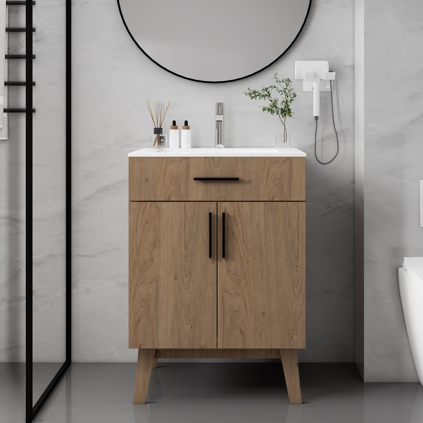 24" Bathroom Vanity with Sink, Vanity Combo with Two Soft Close Cabinet Doors, Modern Single Bathroom Cabinet Set with Metal Handles (Brown with Sink, 24)