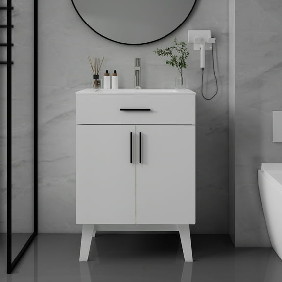 24" Bathroom Vanity with Sink, Vanity Combo with Two Soft Close Cabinet Doors, Modern Single Bathroom Cabinet Set with Metal Handles (White with Sink, 24)