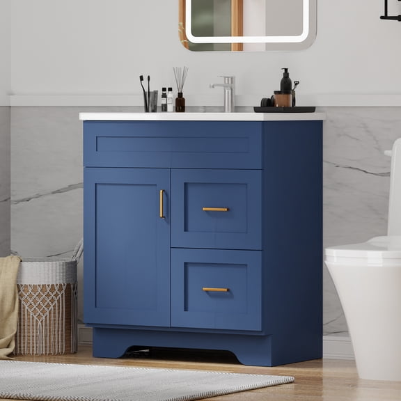 30" Vanity Sink Cabinet with Top Freestanding Bathroom Vanity Sink with Doors and 2 Storage Drawers,Blue