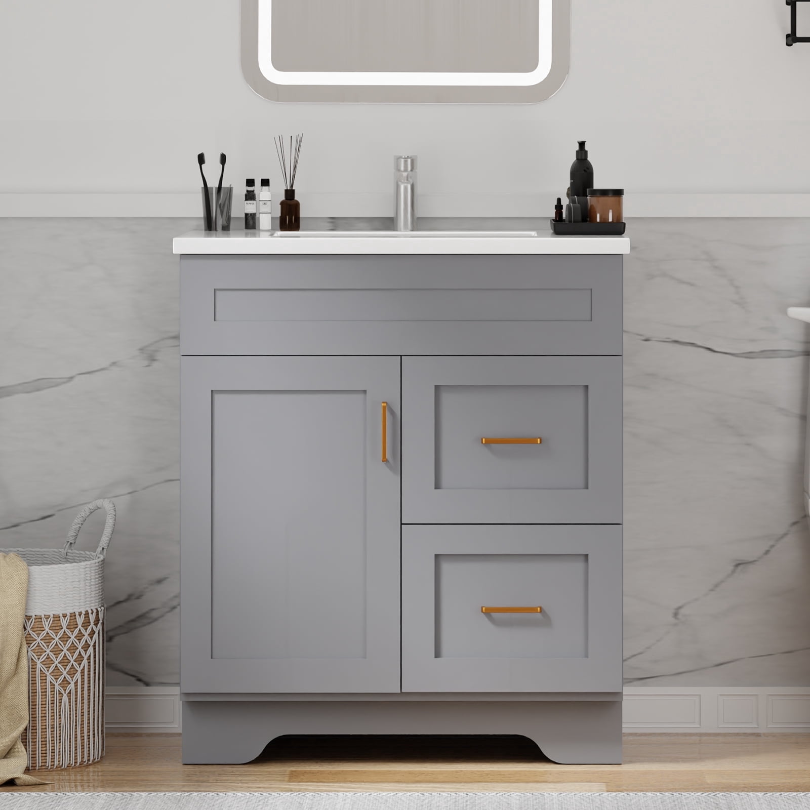 30" Bathroom Vanity Cabinet with Sink Modern Bathroom Vanity Floor Standing Storage Cabinet with Drawers and Doors,Grey