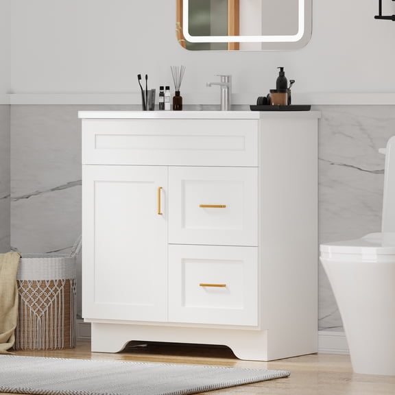 30" Bathroom Vanity Sink with 2 Drawers Bathroom Vanity Cabinet,Freestanding Organizer Vanity Cabinet with Door,White