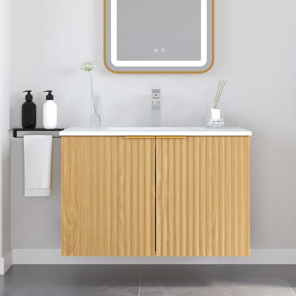 KZElegy 30" Modern Bathroom Vanity with Sink Wavy Textured Doors - Wall Mounted Floating Cabinet, Nature