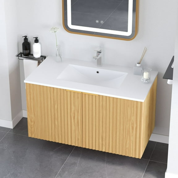 KZElegy 36" Floating Bathroom Vanity with Wavy Textured Soft-Close Doors,Waterproof Wall Mounted Vanity Sink Storage Cabinet,Nature Color