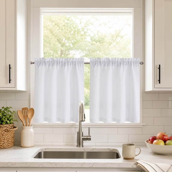 Chyhomenyc White Tier Curtains 36 Inch Length 2 Panels Set, Light Filtering Faux Linen Textured Small Cafe Curtains, Rod Pocket Short Window Curtains for Kitchen Bathroom, 30"Wx36"L Inch