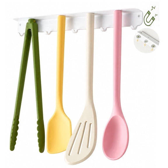 Kitchen Cooking Utensils Set, Magnetic Wall-Mounted Rack, Heat-Resistant Non-Stick Cooking Tools – Tongs, Turner, Spoon & Scraper for Everyday Cooking