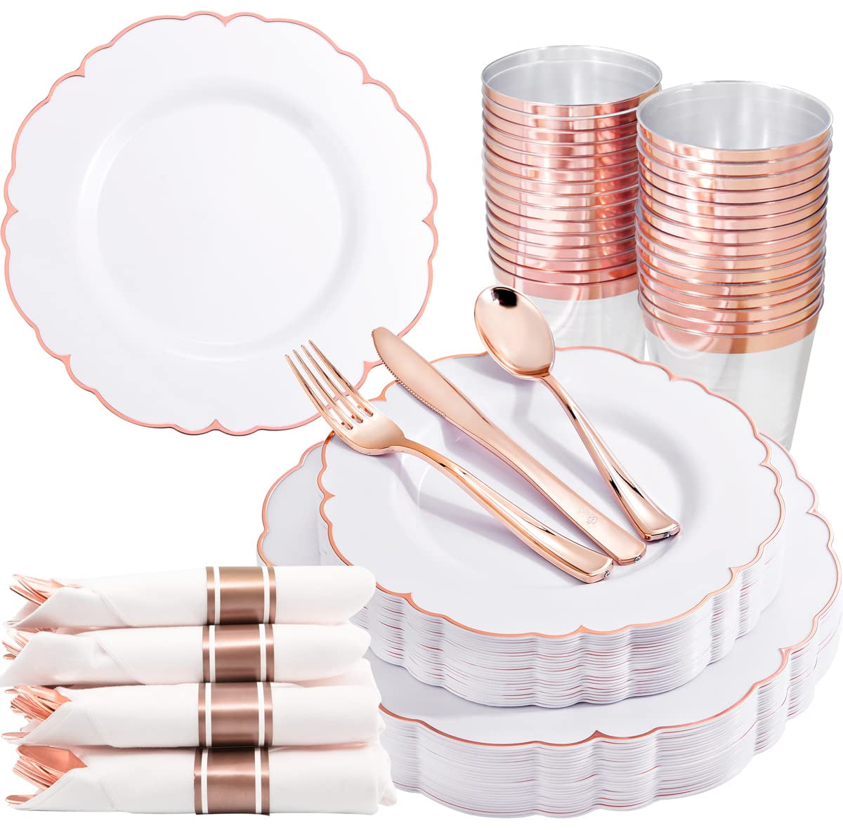 Ciaell 175PCS Rose Gold Plastic Plates Baroque Rose Gold Disposable