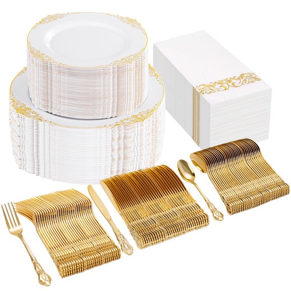 Ciaell 300PCS White and Gold Plastic AFN1Plates - Gold Dinnerware Sets for 50 Guests - 100 Plates, 50 Knives, 50 Forks, 50 Spoons, and 50 Napkins for Wedding, Anniversary, Party and Events