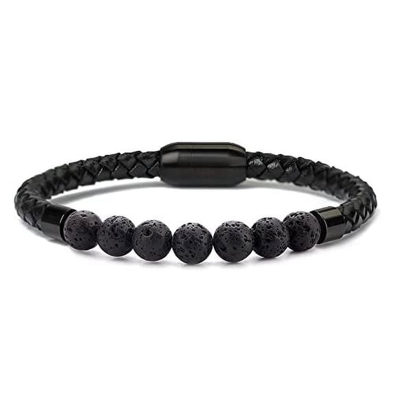 Ciana Men's Natural Healing Stone Leather Bracelet With Magnetic Closure (Black Lava)
