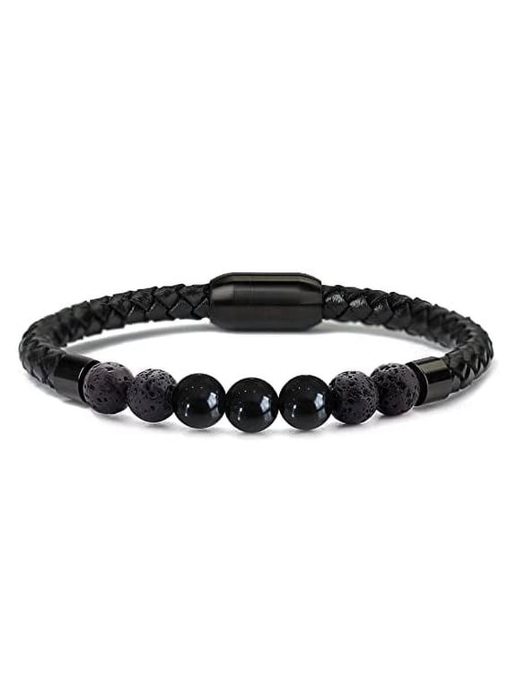 Men's Natural Healing Stone Leather Bracelet With Magnetic Closure (Black Onyx)