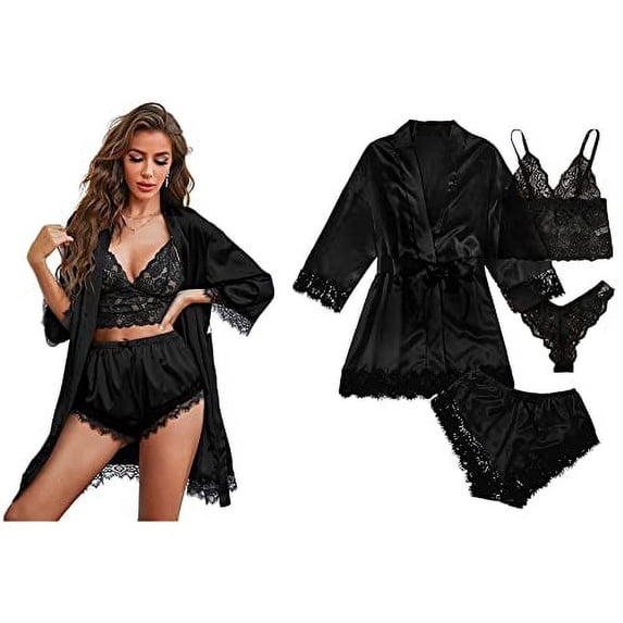 Ciana Women's 4 Piece Lace Satin Pajama Lingerie Set w/Bra, Panties, Robe, Shorts (Black, Extra Large)