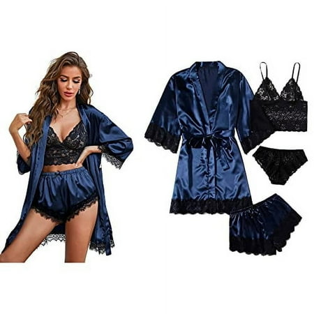 Ciana Women's 4 Piece Lace Satin Pajama Lingerie Set w/Bra, Panties, Robe, Shorts (Deep Blue, Medium)