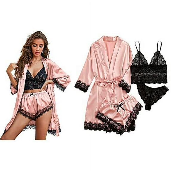 Ciana Women's 4 Piece Lace Satin Pajama Lingerie Set w/Bra, Panties, Robe, Shorts (Rose, Medium)