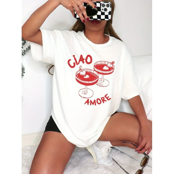 Ciao Amore Graphic Print Drop Shoulder T-shirt, Short Sleeve Crew Neck Casual Top, Cotton 100% Women'S Clothing