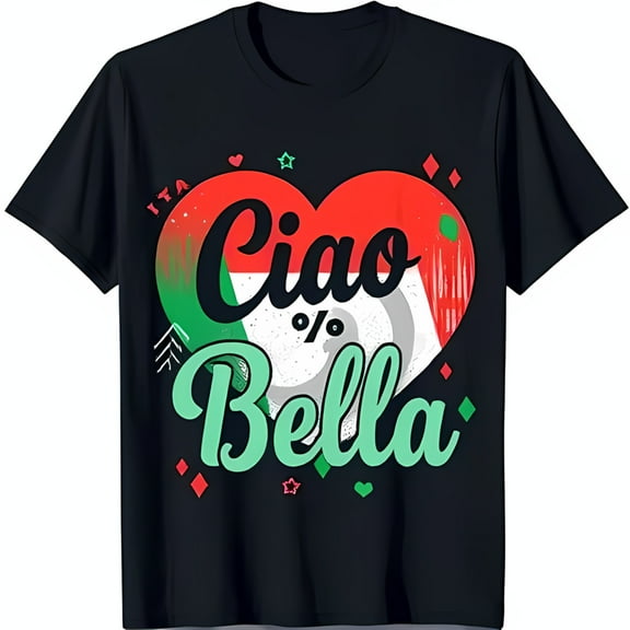 Ciao Bella Graphic Black T-Shirt with Heart Design & Decorative Elements