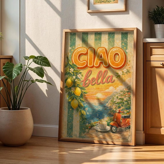 Ciao Bella Wall Art, Italian Coastal Poster, Lemon Amalfi Style Decor, Unframed Paper Poster 8x10in