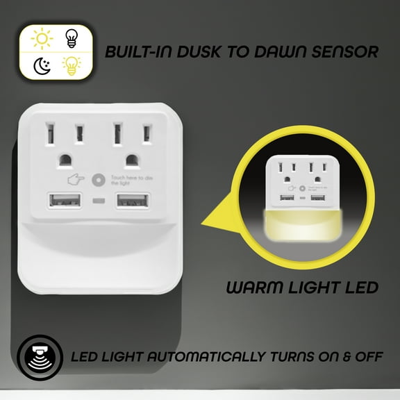 Ciao Tech 2 Outlet & 2 USB Wall Tap Power Adapter, LED Night Light, 540 Jules Surge Protection