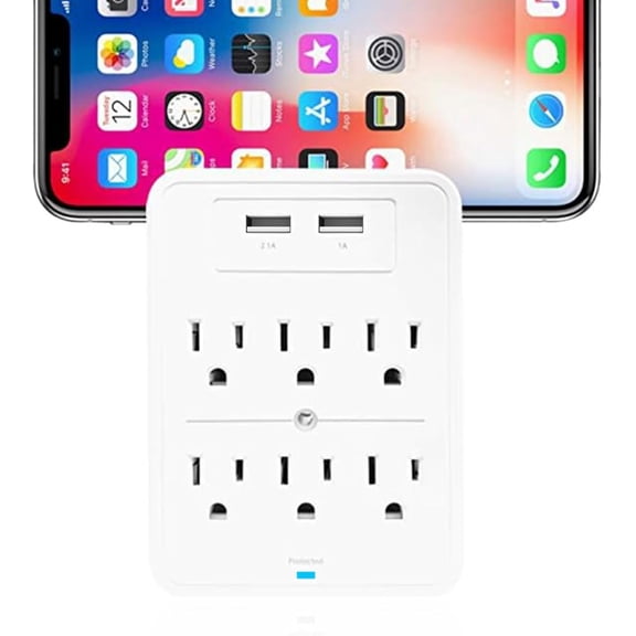Ciao Tech 6 Outlet,2 USB, Wall Tap Power Adapter, 300 Joules Surge Protection, White