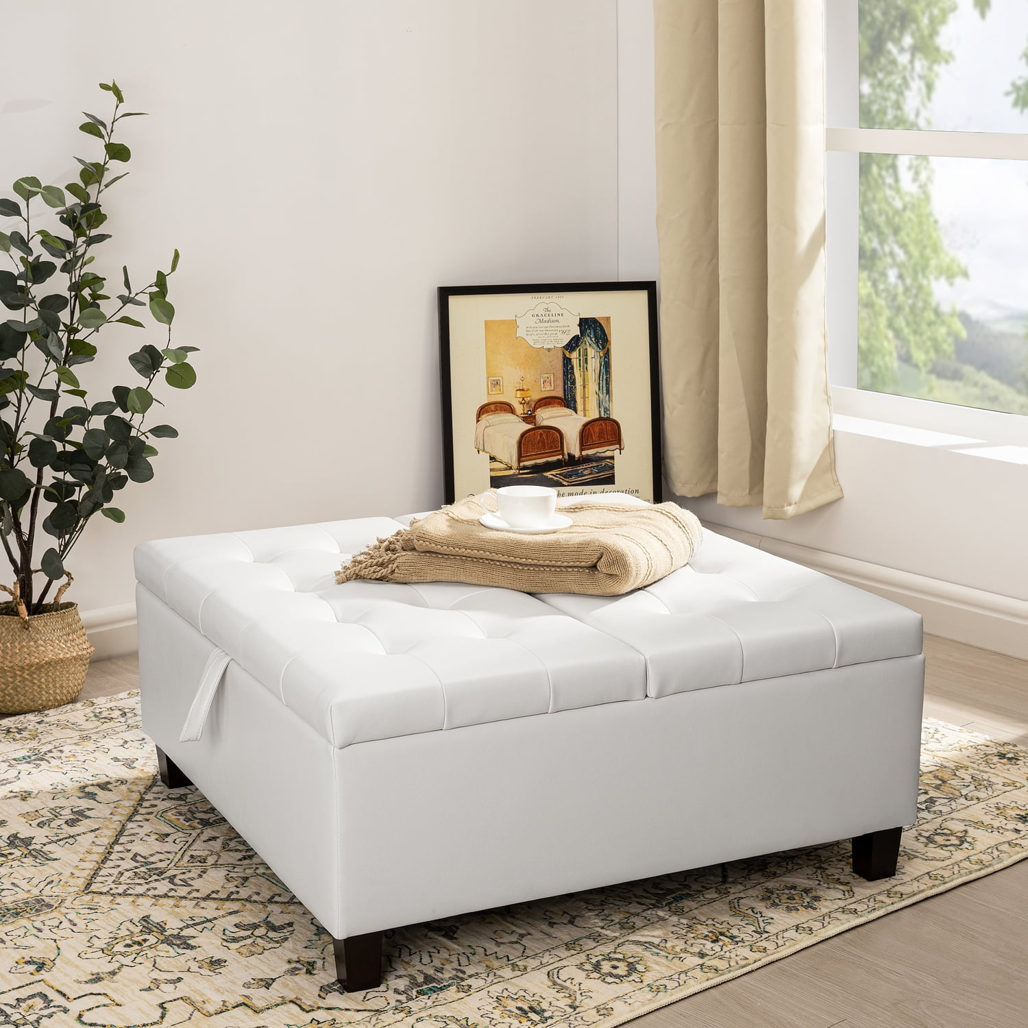 Ciara 35-Inch Air Leather Tufted Upholstered Lift-Top Ottoman Bench, Large Square Storage Coffee Table for Living Room, Toy Box, Footrest Stool, White Ottoman with Spacious Interior Compartment- White