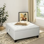 Ciara 35-Inch Air Leather Tufted Upholstered Lift-Top Ottoman Bench, Large Square Storage Coffee Table for Living Room, Toy Box, Footrest Stool, White Ottoman with Spacious Interior Compartment- White