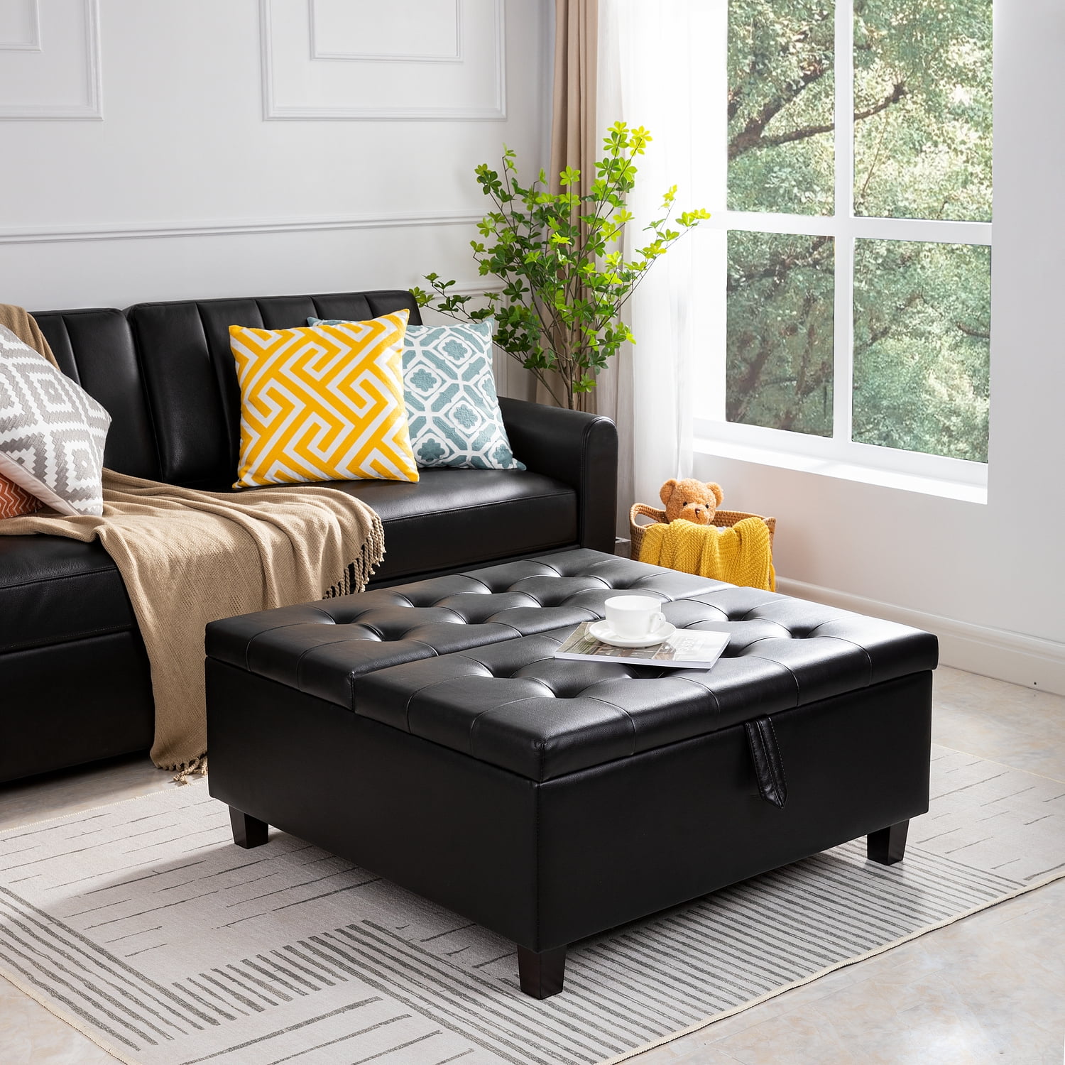 Ciara 35 Inch Air Leather Tufted Upholstered Lift Top Ottoman Bench Large Square Storage Coffee Table for Living Room Black