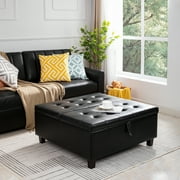 Ciara 35-Inch Air Leather Tufted Upholstered Lift-Top Ottoman Bench, Large Square Storage Coffee Table for Living Room Black