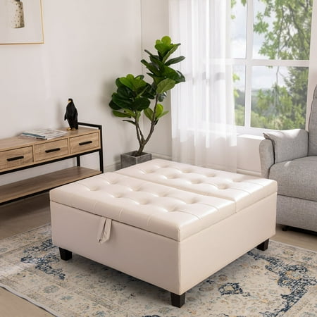 Ciara 35-Inch Air Leather Tufted Upholstered Lift-Top Ottoman Bench, Large Square Storage Coffee Table for Living Room Cream