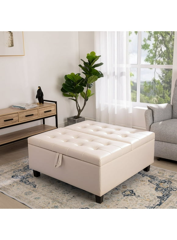 Ciara 35-Inch Air Leather Tufted Upholstered Lift-Top Ottoman Bench, Large Square Storage Coffee Table for Living Room Cream