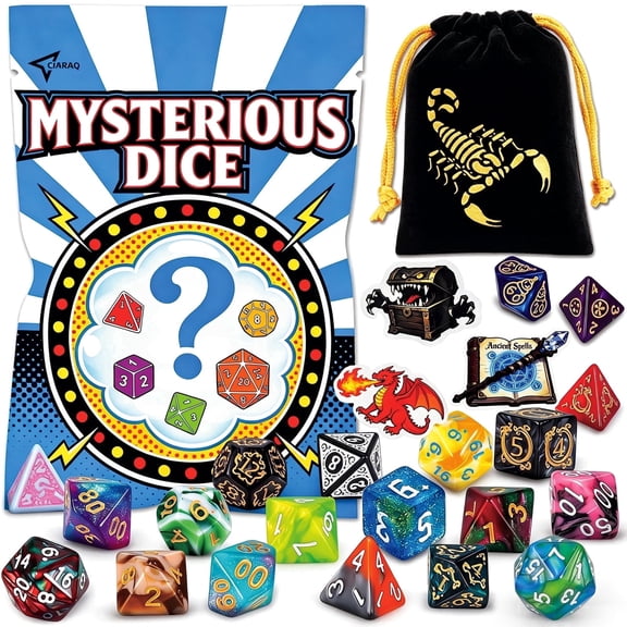 CiaraQ DND Mystery Dice Set- 7 Random Polygon RPG Dice, 3 Stickers and Velvet Bags-1 in 10 Chance of Receiving a Dice Blind Box DND Gift for TRPG Players
