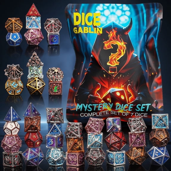 CiaraQ Mystery Metal DND Dice Set – 7pc Blind Bag with Random Class & Funny DND Stickers – Metal Role Playing Dice for Dungeons and Dragons