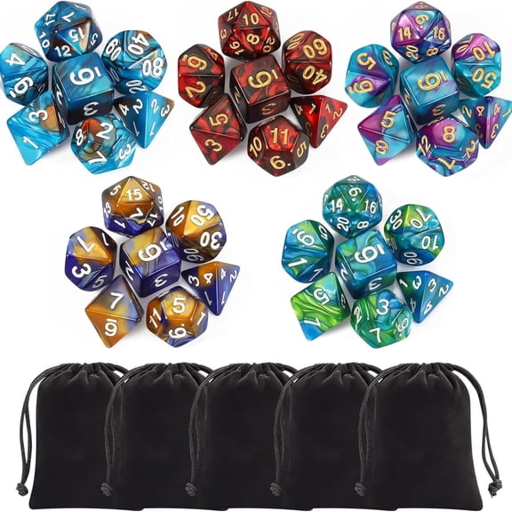 CiaraQ Polyhedral Dice Set (35 Pieces) with Black Pouches, 5 Complete Double-Colors Dice Sets Compatible with Dungeons and Dragons DND RPG MTG Table Games