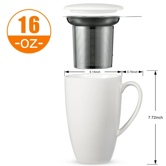 Cibeat 16oz Tea Cup with Infuser and Lid 500ml Porcelain Tea Mug for Steeping Tea Coffee- White