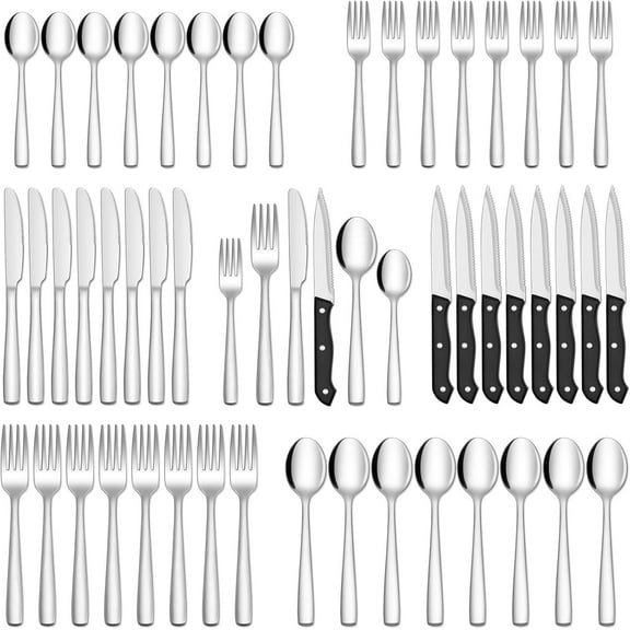 Cibeat 48 Piece Silverware Set with Steak Knives, Stainless Steel Flatware Set, Cutlery Set for 8 Steak Knife/Fork/Spoon