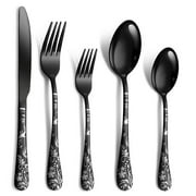 Cibeat Black Silverware Set, 20-Piece Stainless Steel Flatware, Flower Pattern Forks and Spoons Set with Knives, Mirror Finish & Dishwasher Safe