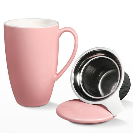 Cibeat Tea Infuser Cup with Lid 16oz 500ml Ceramic Tea Steeping Mug with Handle- Light Pink