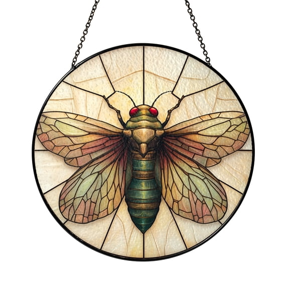 Cicada Stained Glass Panel, Vibrant Nature Inspired Circular Window Hanging Decor for Unique Botanical Home Interiors