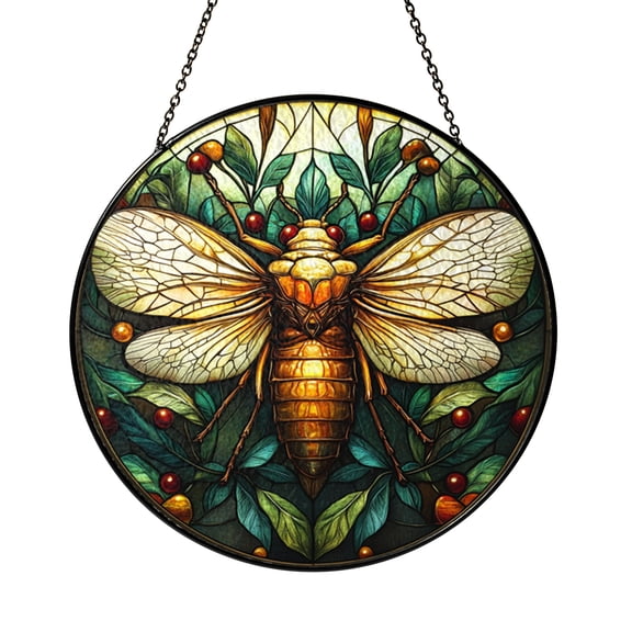 Cicada Stained Glass Panel – Vibrant Nature-Inspired Round Window Hanging