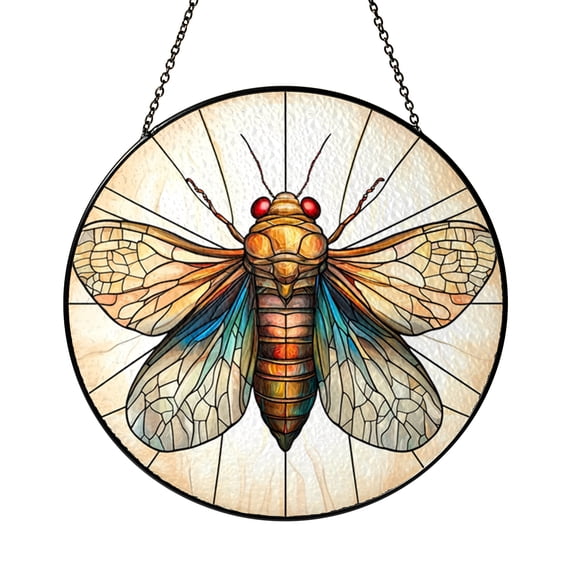 Cicada Stained Glass Style Panel, Nature Inspired Circular Decorative Window Hanging