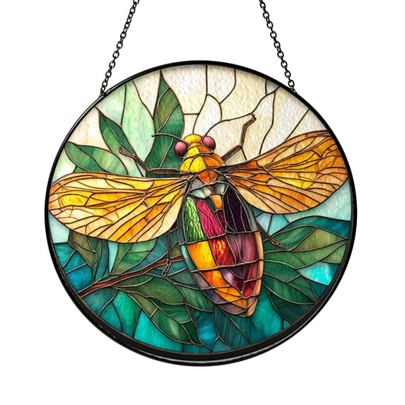 Cicada Stained Glass Suncatcher, Colorful Round Insect Window Hanging ...