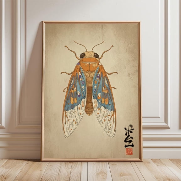 Cicada Yokai Poster Japanese Mythical Insect Art Print Vintage Beige Wall Art Oriental Folklore Illustration Decorative Artwork